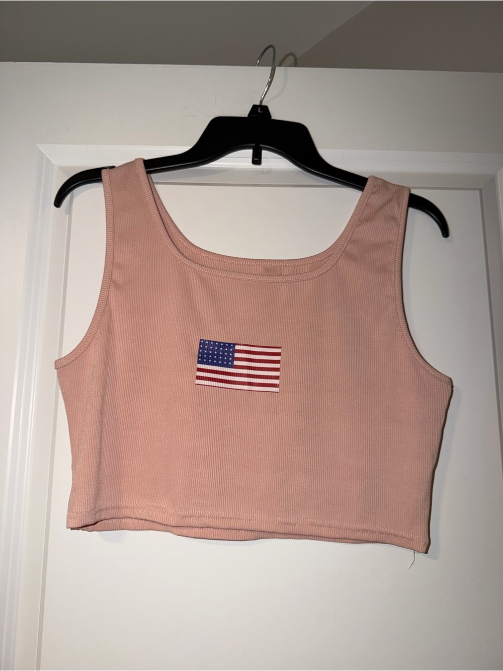 Ribbed Pink Cropped Tank with American Flag Patch